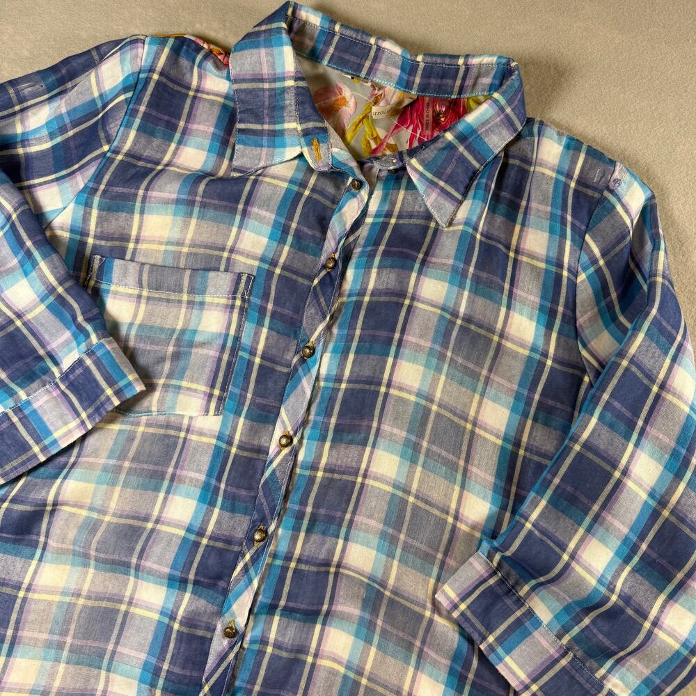 Soft Surroundings multi print button up - plaid embroidered floral boho size L